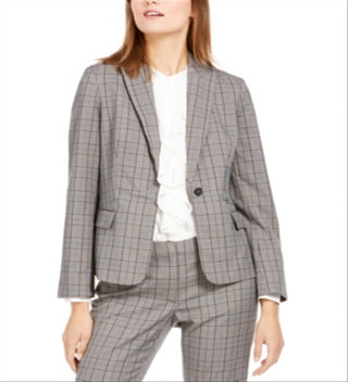Calvin Klein Blazer Xadrez Feminino de Um Botão - Azul Aço Multi Tamanho 6