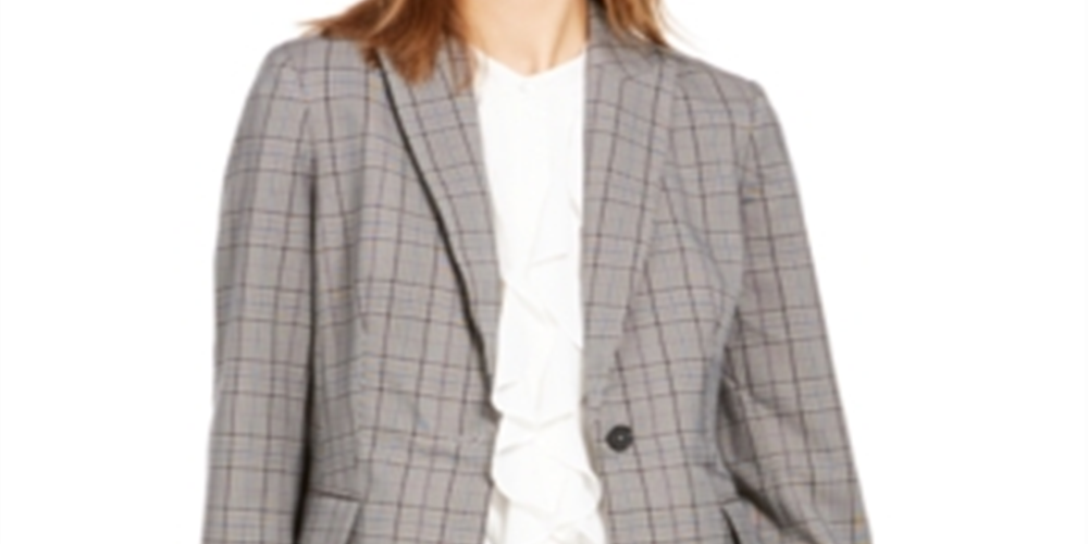 Calvin Klein Blazer Xadrez Feminino de Um Botão - Azul Aço Multi Tamanho 6