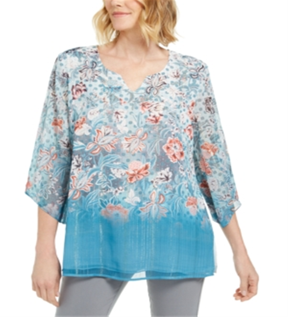 Túnica feminina de chiffon com decote aberto JM Collection - Azul, tamanho P