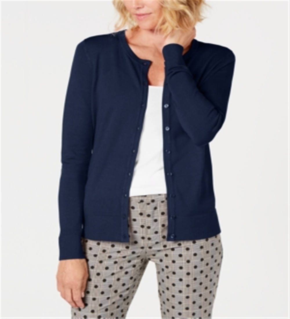 Cardigan feminino com gola redonda Charter Club, azul, tamanho pequeno