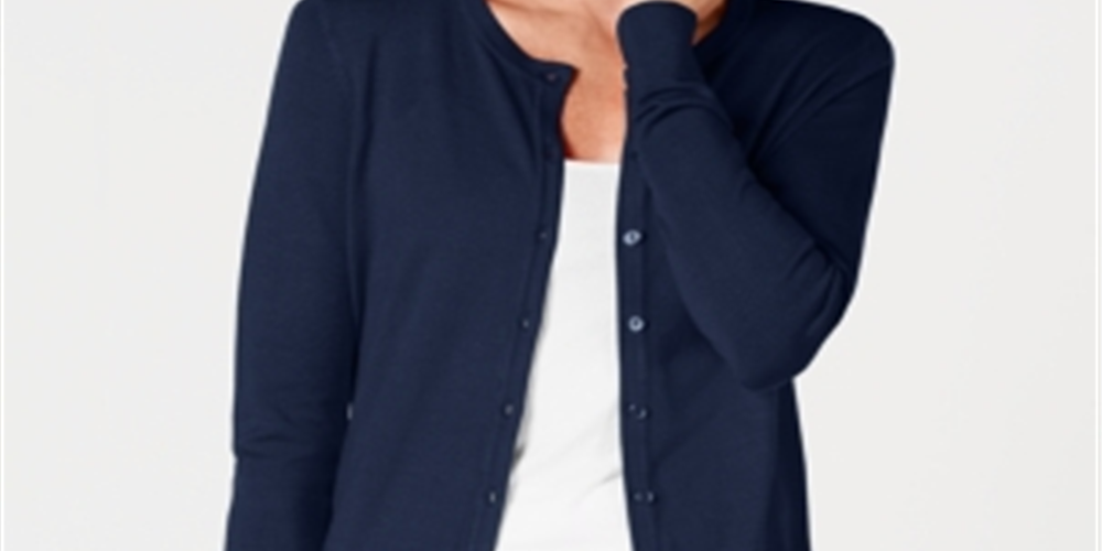 Cardigan feminino com gola redonda Charter Club, azul, tamanho pequeno