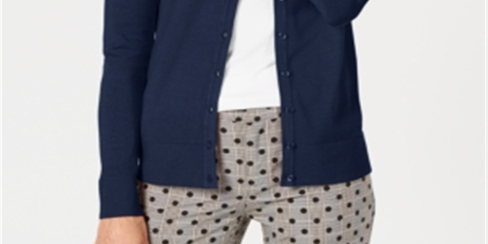 Cardigan feminino com gola redonda Charter Club, azul, tamanho pequeno