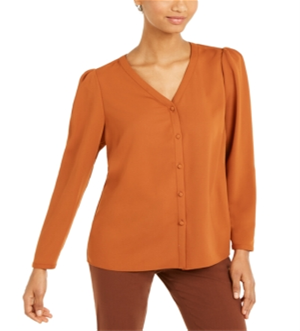 Blusa feminina Alfani com decote em V, marrom, tamanho médio