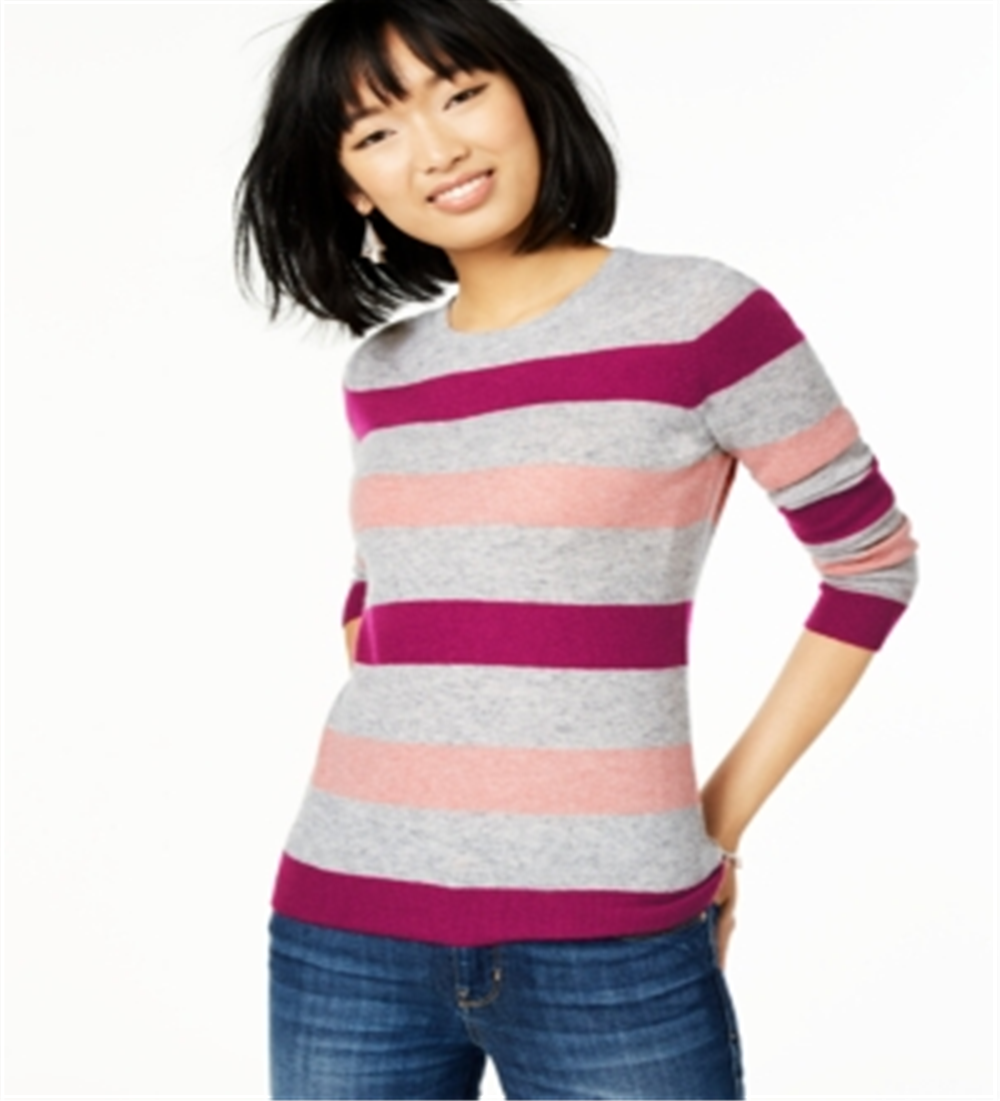 Suéter de cashmere listrado feminino Charter Club, tamanho grande, prateado
