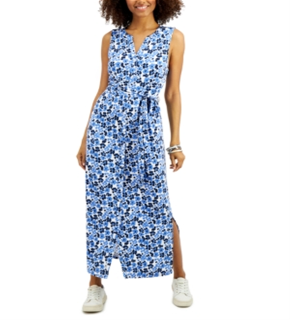 Vestido longo azul com amarração na cintura Charter Club, tamanho XS