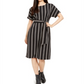 Vestido feminino Alfani listrado, manga curta, gola redonda, comprimento até o joelho, preto, tamanho grande