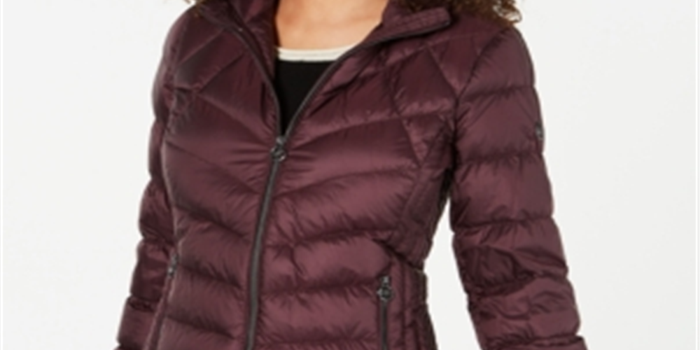 Casaco acolchoado com capuz e plumas Michael Kors feminino, roxo, tamanho P