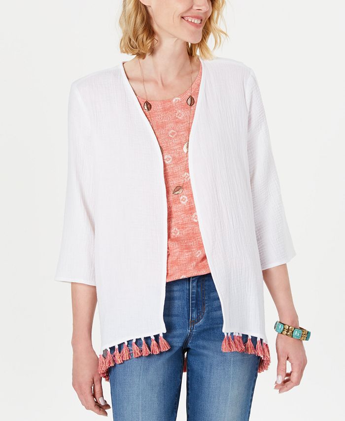 Top quimono feminino de algodão com acabamento em borla Style &amp; Co, branco, tamanho pequeno