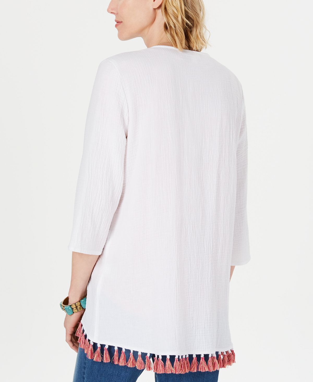 Top quimono feminino de algodão com acabamento em borla Style &amp; Co, branco, tamanho pequeno