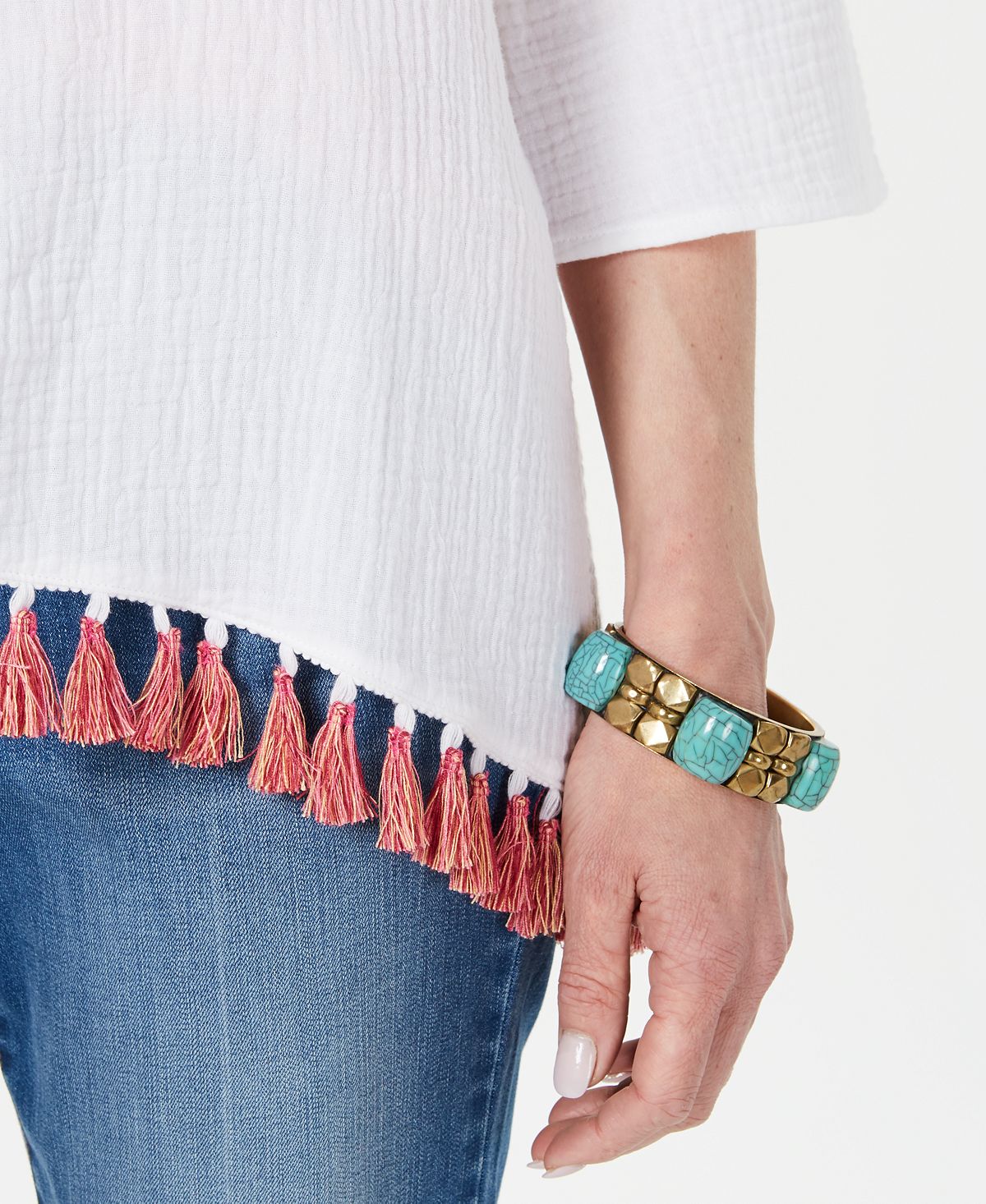 Top quimono feminino de algodão com acabamento em borla Style &amp; Co, branco, tamanho pequeno