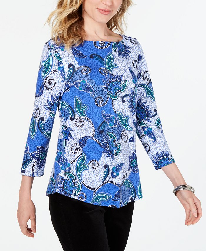 Blusa feminina Charter Club de algodão estampado com manga 3/4, azul, tamanho G