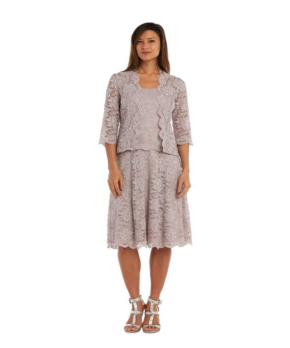 Vestido de noite feminino R &amp; M Richards com glitter, manga 3/4, decote em joia, midi, tamanho 14, marrom