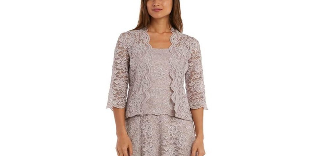 Vestido de noite feminino R &amp; M Richards com glitter, manga 3/4, decote em joia, midi, tamanho 14, marrom