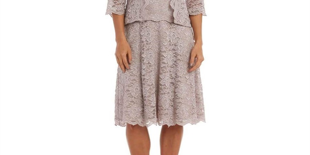 Vestido de noite feminino R &amp; M Richards com glitter, manga 3/4, decote em joia, midi, tamanho 14, marrom