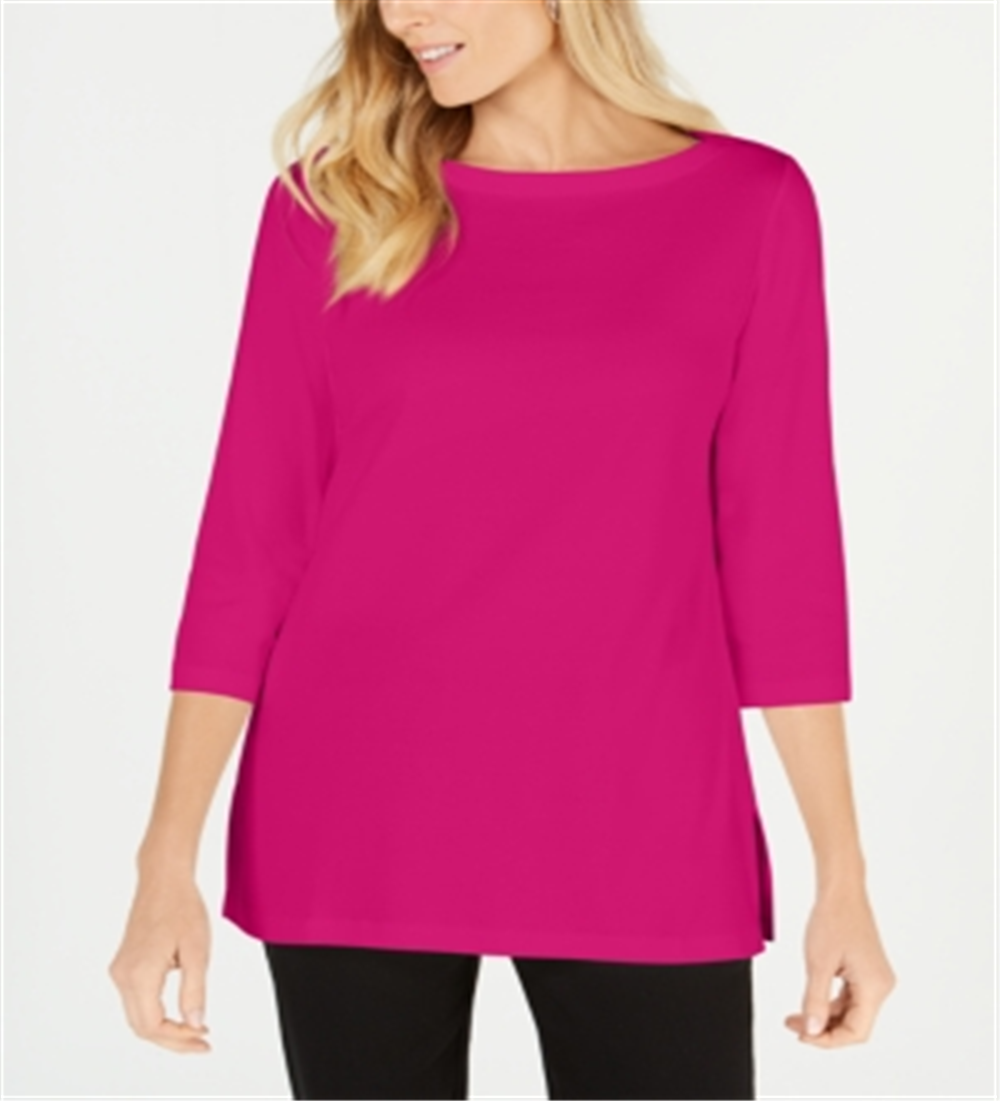 Karen Scott Blusa de malha feminina de algodão com decote canoa e manga 3/4, roxa, tamanho GG