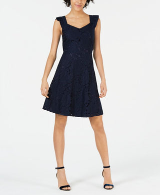 Vestido feminino Monteau com ajuste evasê e renda, azul, tamanho pequeno grande