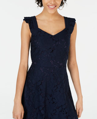 Vestido feminino Monteau com ajuste evasê e renda, azul, tamanho pequeno grande