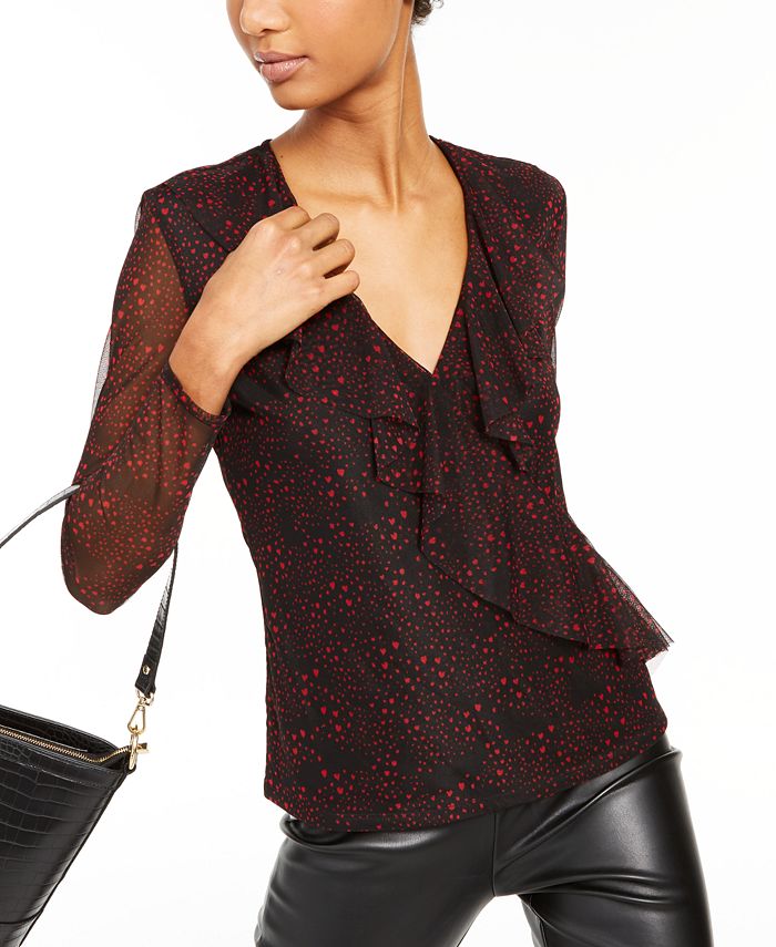 Blusa estampada com sobrepeliz e babados INC International Concepts para mulheres, preta, tamanho pequeno