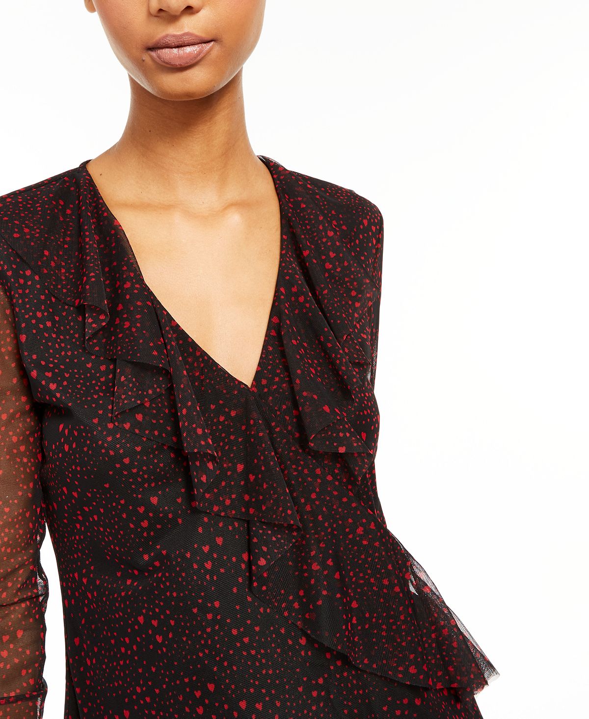 Blusa estampada com sobrepeliz e babados INC International Concepts para mulheres, preta, tamanho pequeno