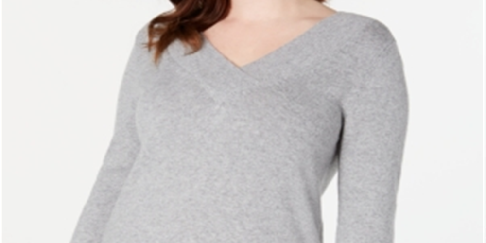 Karen Scott Suéter Feminino com Decote em V, Cor Sólida, Cinza Fumaça, Tamanho GG