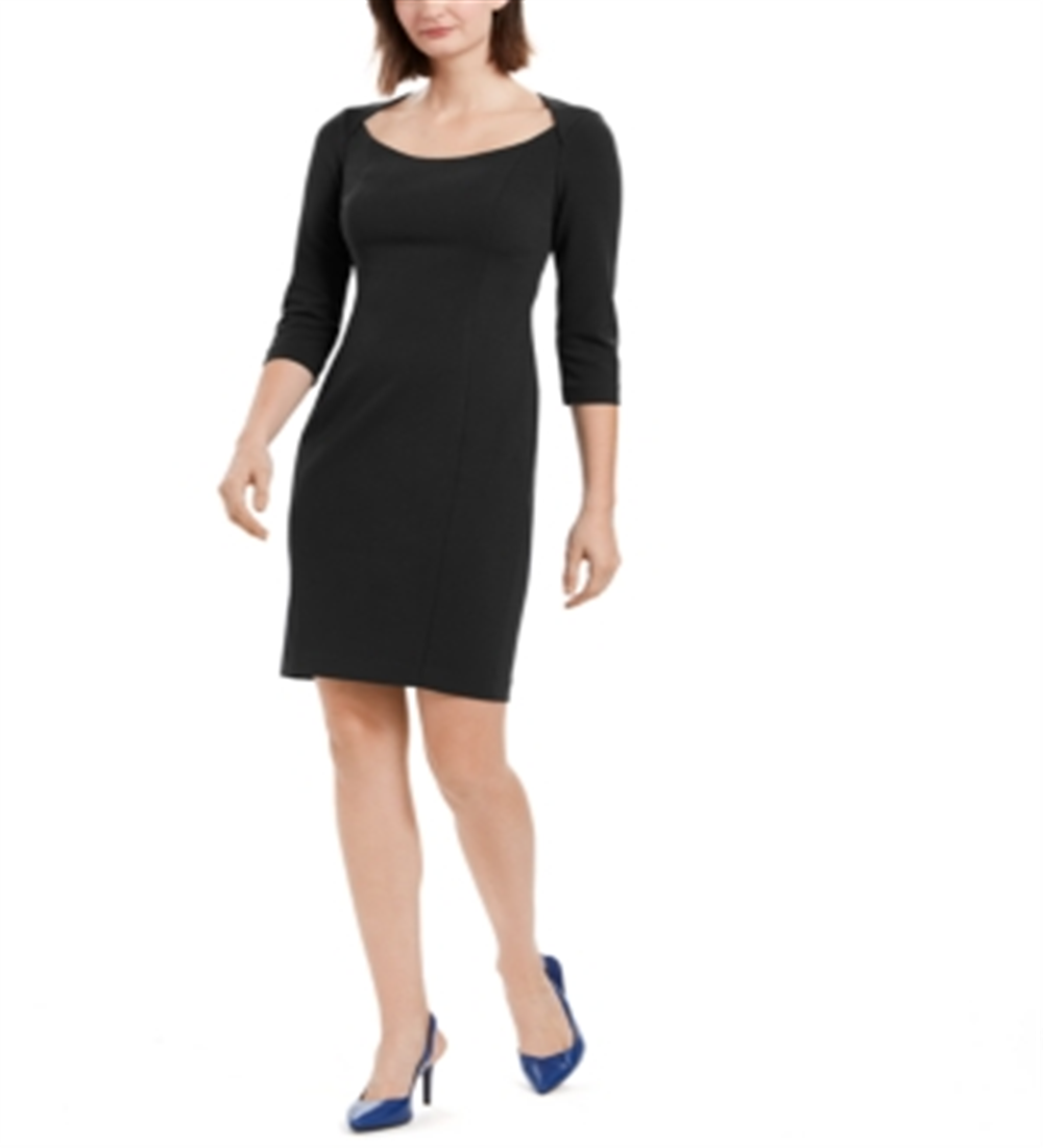 Vestido Calvin Klein Feminino Manga 3/4 com Zíper, Decote Redondo Acima do Joelho, Preto, Tamanho 2