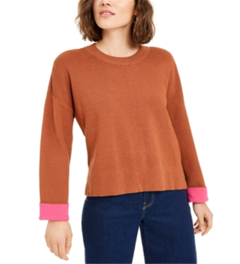 Suéter feminino Bar III com gola redonda e punho contrastante, laranja, tamanho XX-G