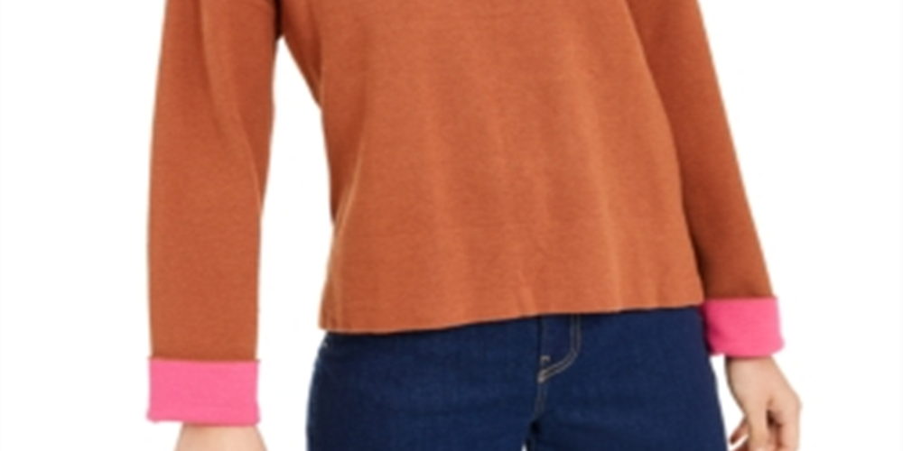 Suéter feminino Bar III com gola redonda e punho contrastante, laranja, tamanho XX-G