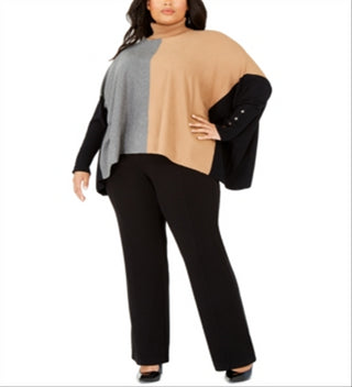 Alfani Suéter Poncho Feminino Gola Alta Colorblock Marrom Tamanho 3X