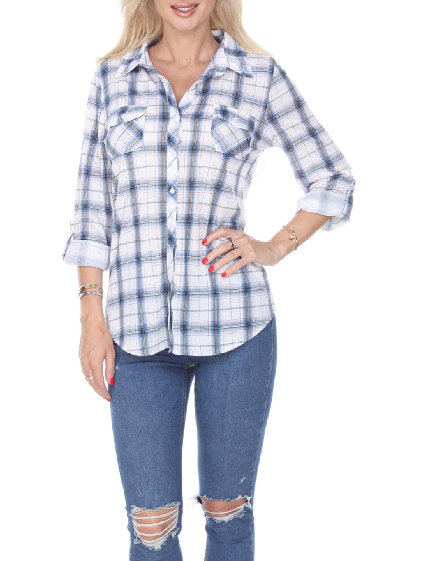 Blusa Oakley Stretchy Plaid Feminina White Mark Azul Tamanho P
