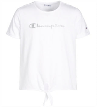 Camiseta infantil feminina Champion com estampa de logo e amarração frontal, branca, tamanho 2T
