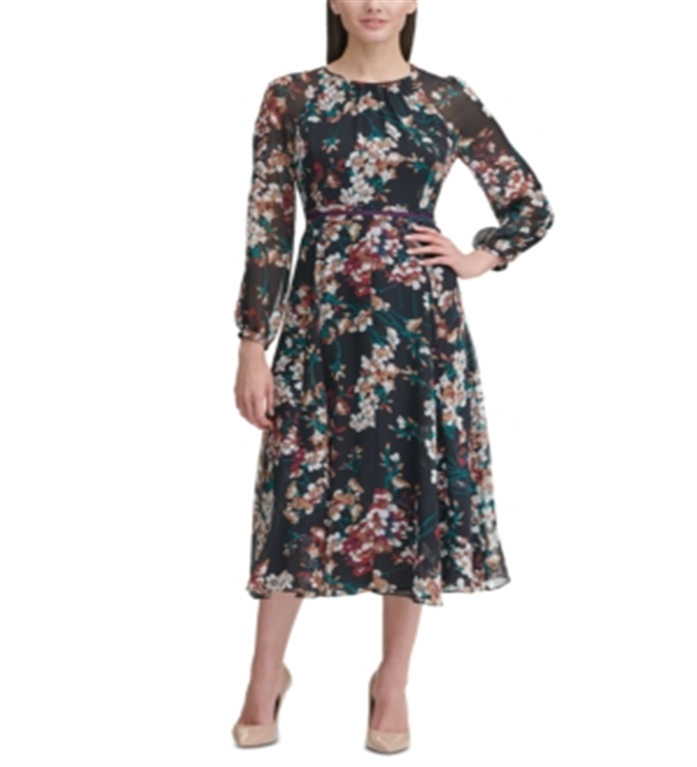 Vestido feminino Tommy Hilfiger de manga comprida com estampa floral em chiffon, preto, tamanho 8P