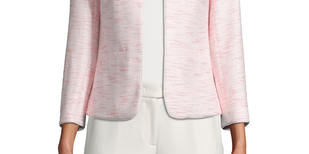 Blazer feminino Anne Klein de tweed com frente aberta e sem gola, rosa, tamanho 4