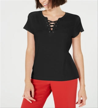 Blusa feminina Bar III com amarração e manga curta, preta, tamanho P