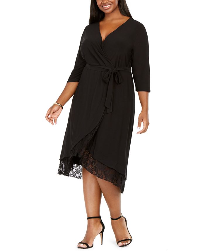 Vestido de coquetel feminino Love Squared Plus Size com acabamento em renda e mangas longas, preto, tamanho 2XL