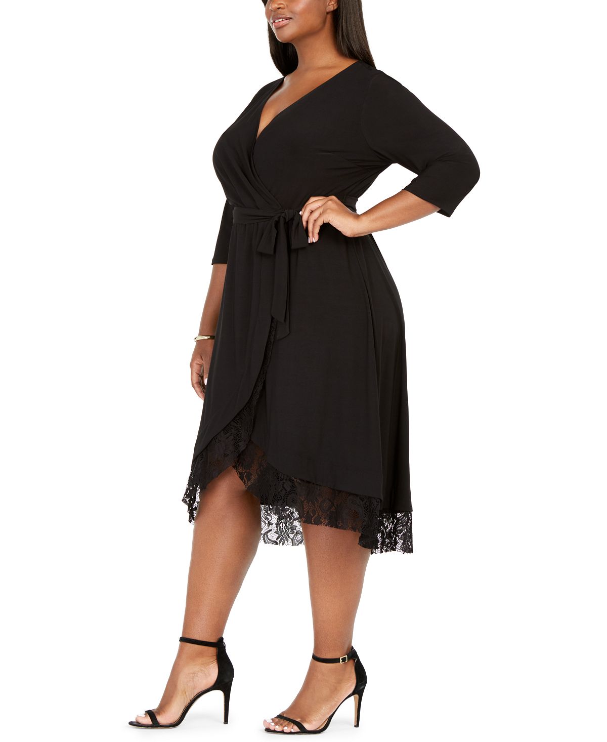 Vestido de coquetel feminino Love Squared Plus Size com acabamento em renda e mangas longas, preto, tamanho 2XL