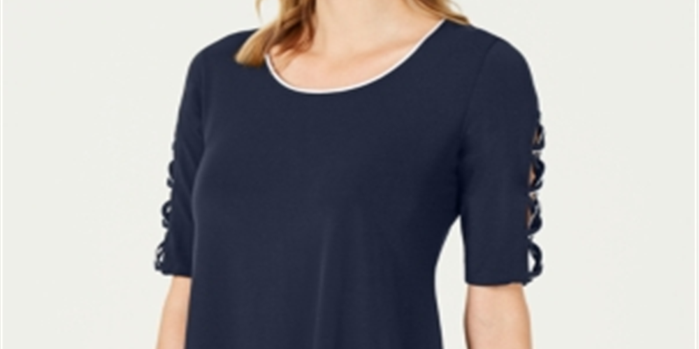 Túnica feminina JM Collection com manga trançada, azul, tamanho pequeno P