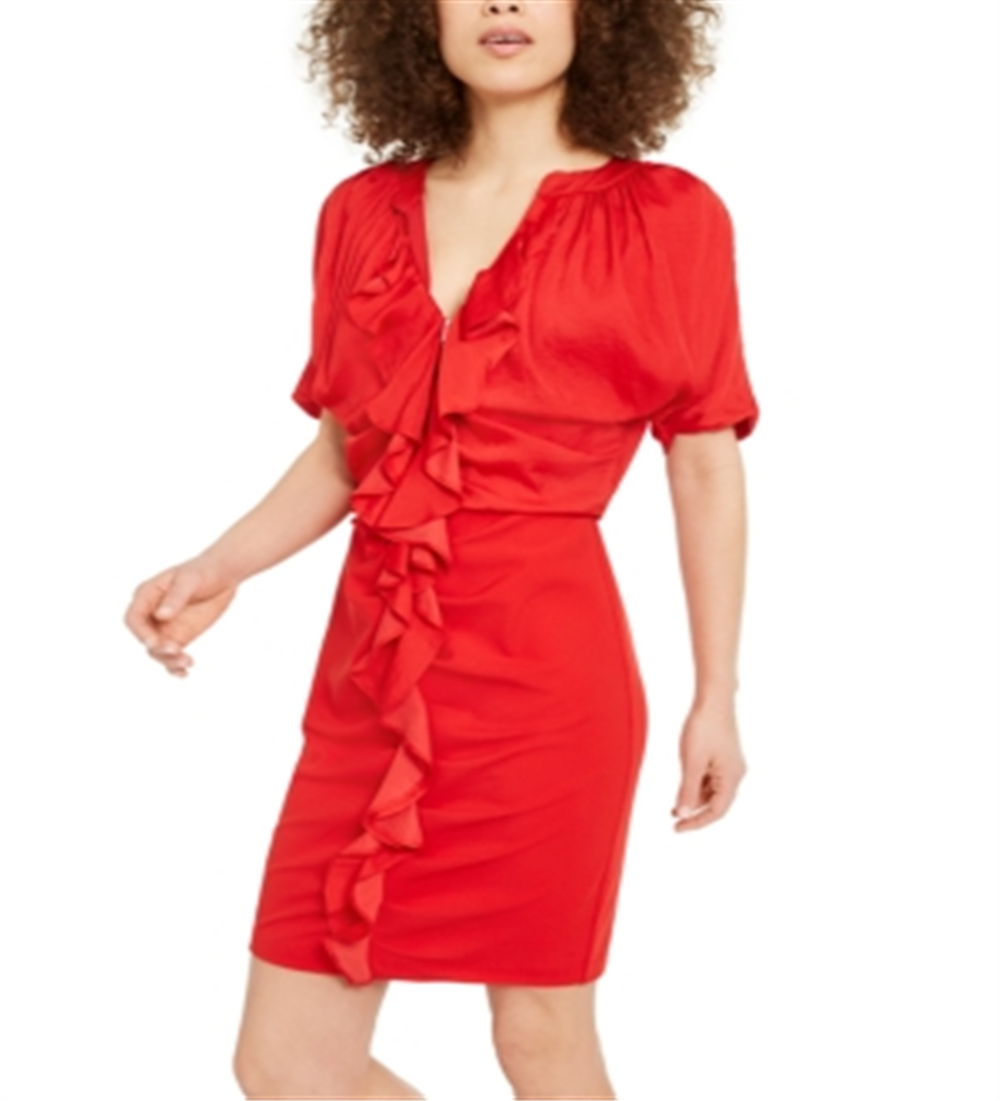 INC Vestido curto de festa feminino com babados e manga dolman, decote em V, vermelho, tamanho 2XL