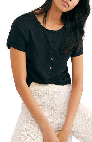 Top curto estilo boho Henley feminino What's Up da Free People, preto, tamanho XS