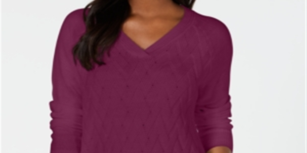 Camiseta feminina Karen Scott de manga comprida e gola V, roxa, tamanho XS