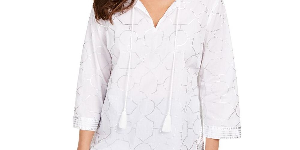 Blusa de linho feminina com estampa de folha Charter Club, branca, tamanho G