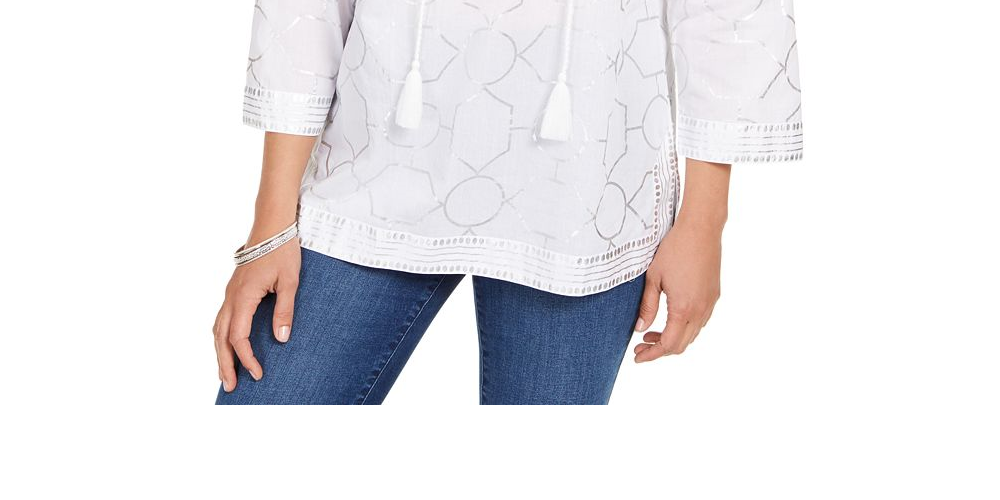 Blusa de linho feminina com estampa de folha Charter Club, branca, tamanho G