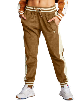 Calça jogger feminina Champion com logo de veludo cotelê marrom, tamanho pequeno