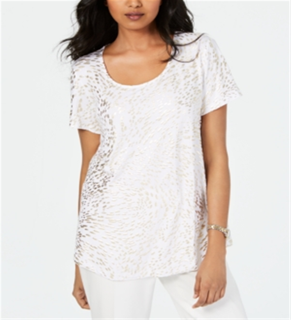 JM Collection Blusa feminina com estampa metálica e bainha curta, branca, tamanho pequeno P