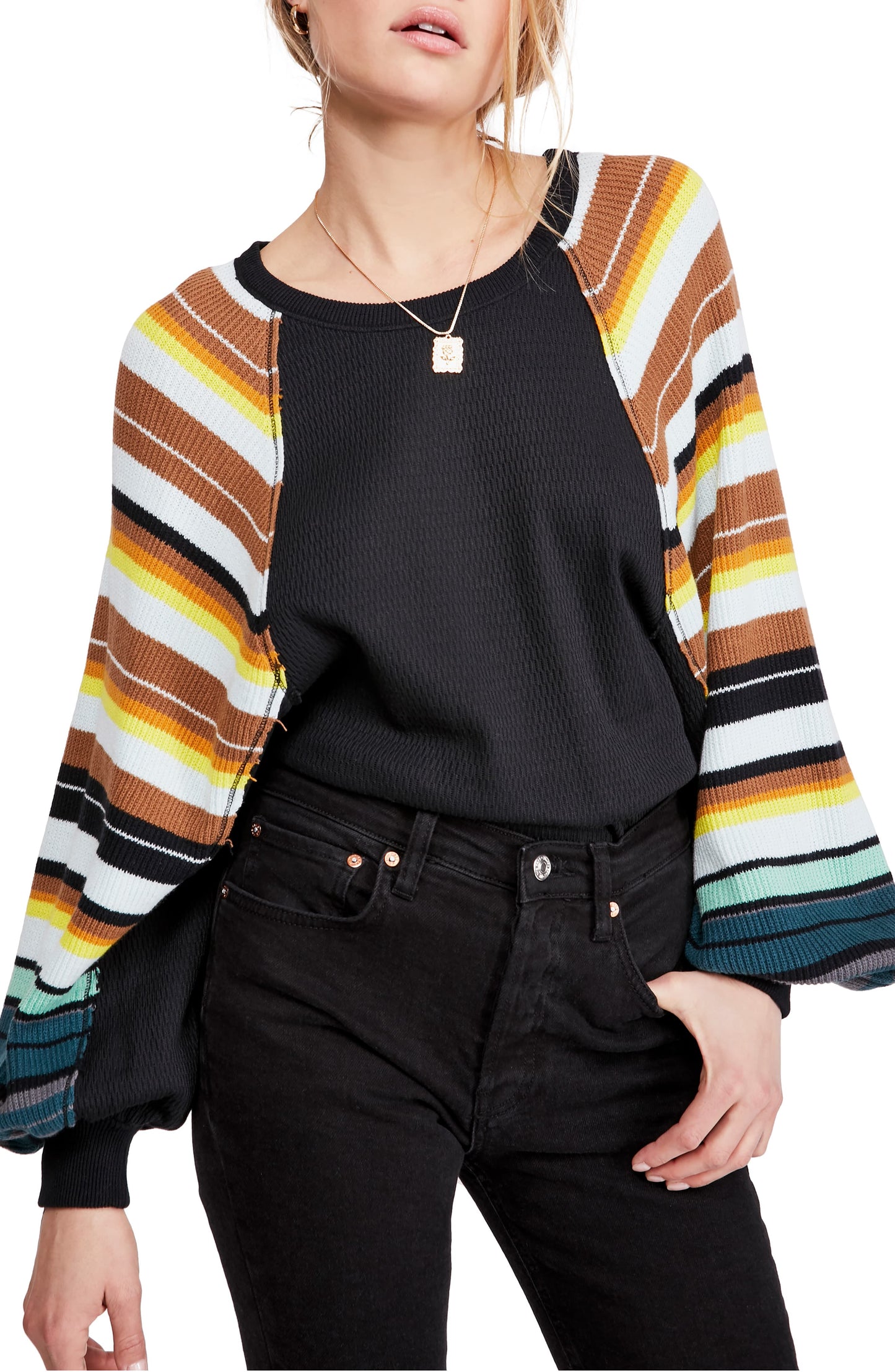 Suéter texturizado listrado feminino Free People, tamanho médio, bege