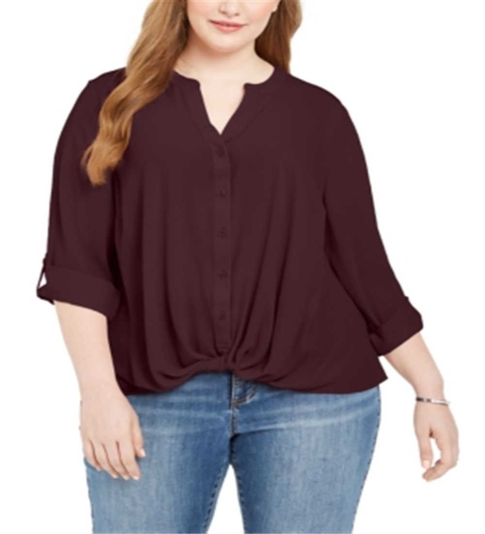 Camisa feminina plus size com frente torcida da INC International Concepts, roxa, tamanho 4X