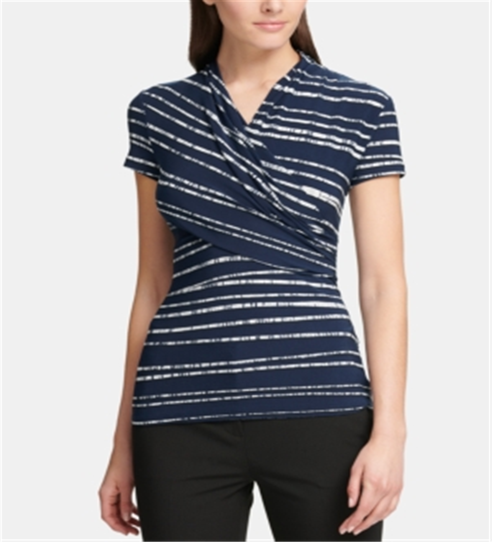 Blusa feminina DKNY com listras frontais franzidas e manga curta, gola redonda, azul, tamanho médio