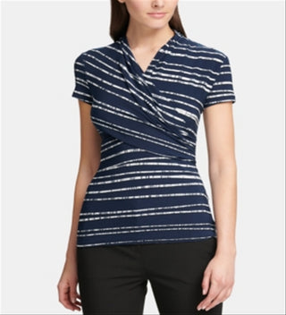 DKNY Women's Ruched Front Striped Short Sleeve Jewel Neck Top Blue Size Medium