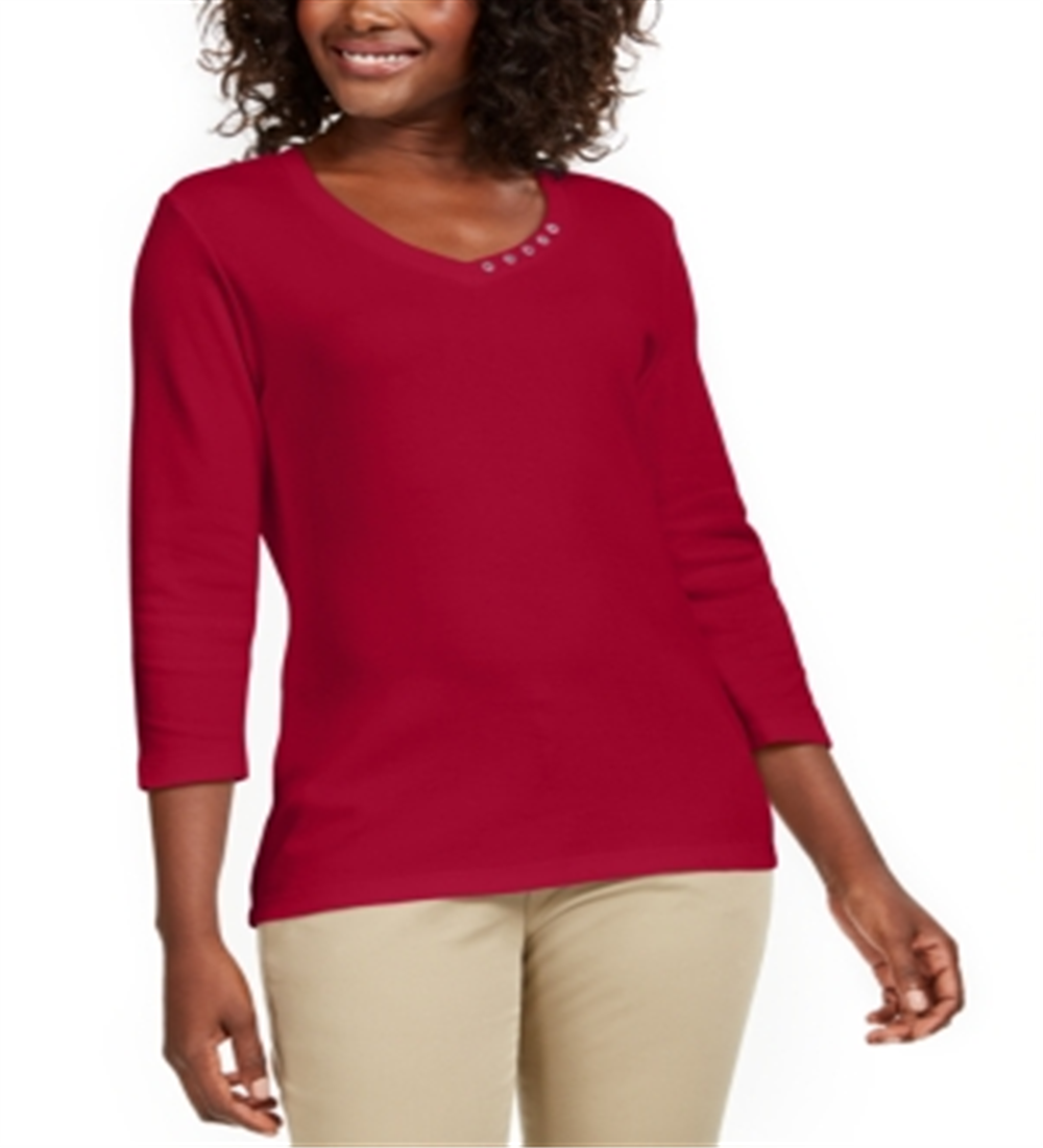 Karen Scott Blusa de algodão com decote em V e ilhós feminina, vermelha, tamanho X-S
