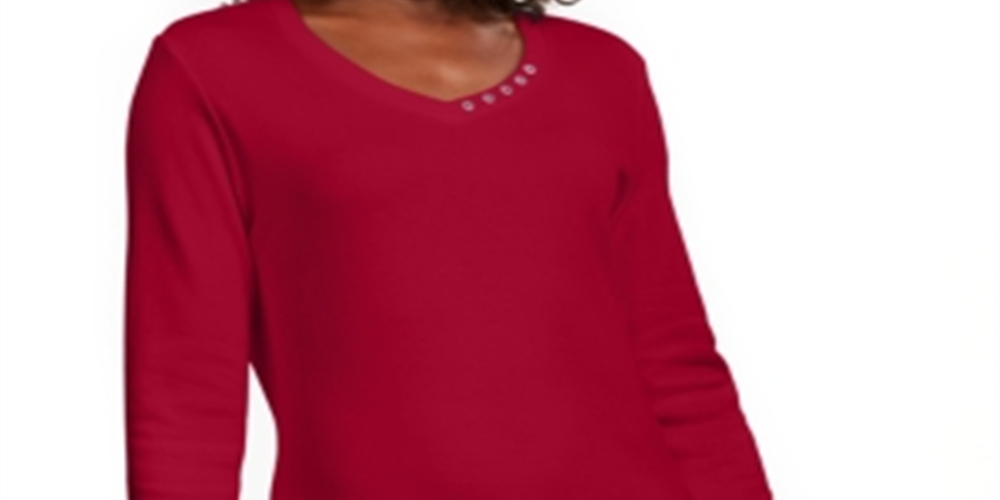 Karen Scott Blusa de algodão com decote em V e ilhós feminina, vermelha, tamanho X-S