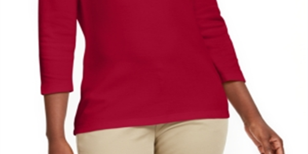 Karen Scott Blusa de algodão com decote em V e ilhós feminina, vermelha, tamanho X-S